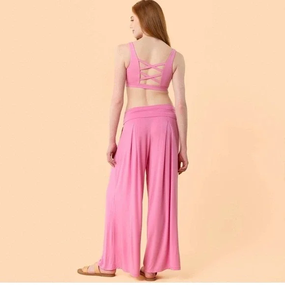 New Blogilates Women's Homebody Foldover Wide Leg Pants Pink Large (8-10) - Picture 7 of 8